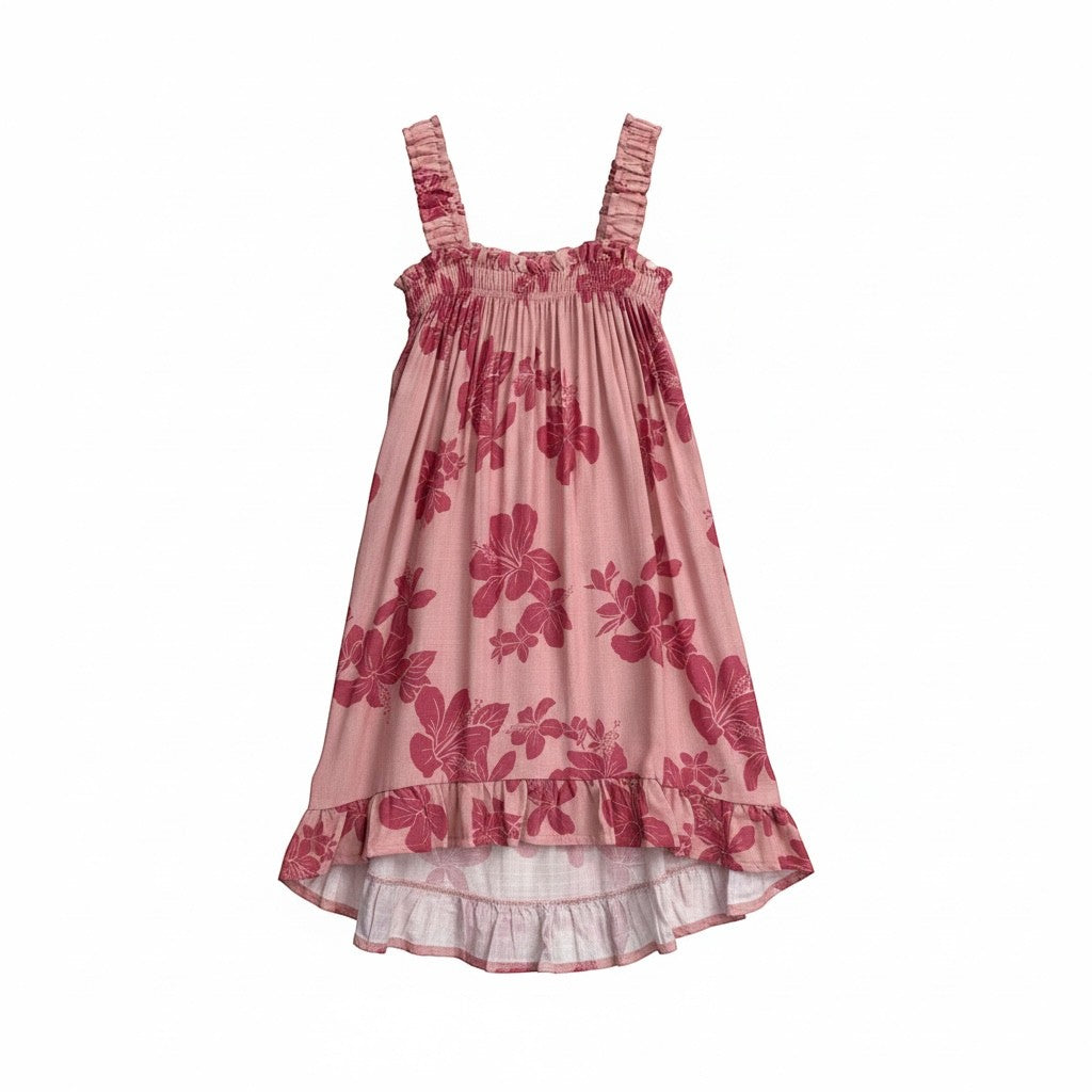 Guava Jammies pink rayon voile mini dress with hibiscus print, ruffled straps, and tiered hem. Playful island charm.