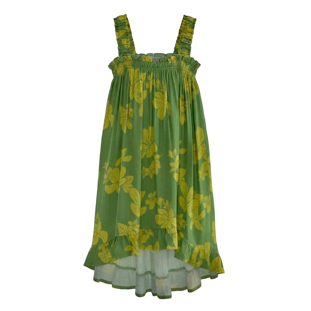 Guava Jammies Mahealani Mini Dress in green with yellow floral print, featuring ruffled straps and hem.