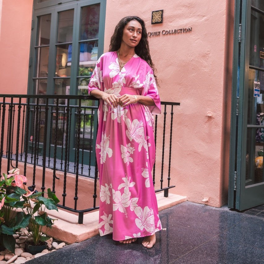 Guava Jammies pink floral print island gown with v-neck and waterfall back. Made from recycled polyester.